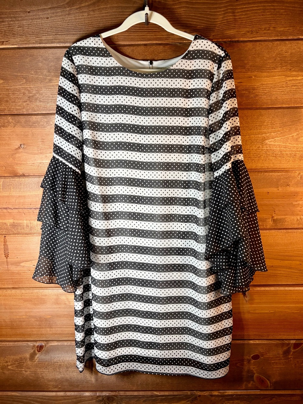 Black & White Striped Polka Dot Bell Sleeve Midi Shift Dress Size Large 💕🖤
